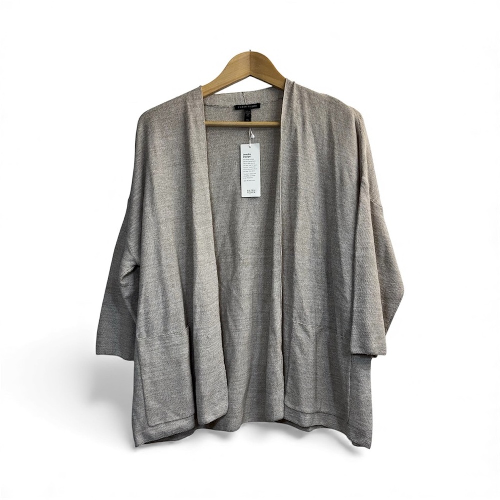 NEW Eileen Fisher Large Cardigan Linen Blend Open Light Lagenlook Natural Tan